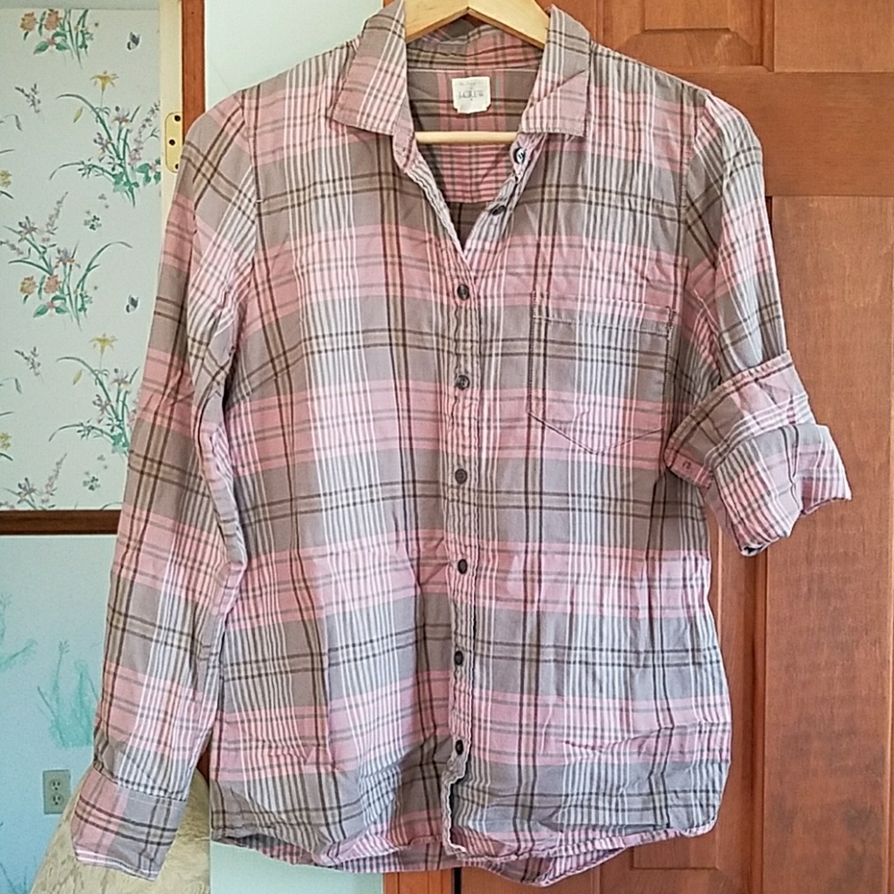 J Crew Soft Pink & Brown Plaid Button Up Top - Picture 5 of 6
